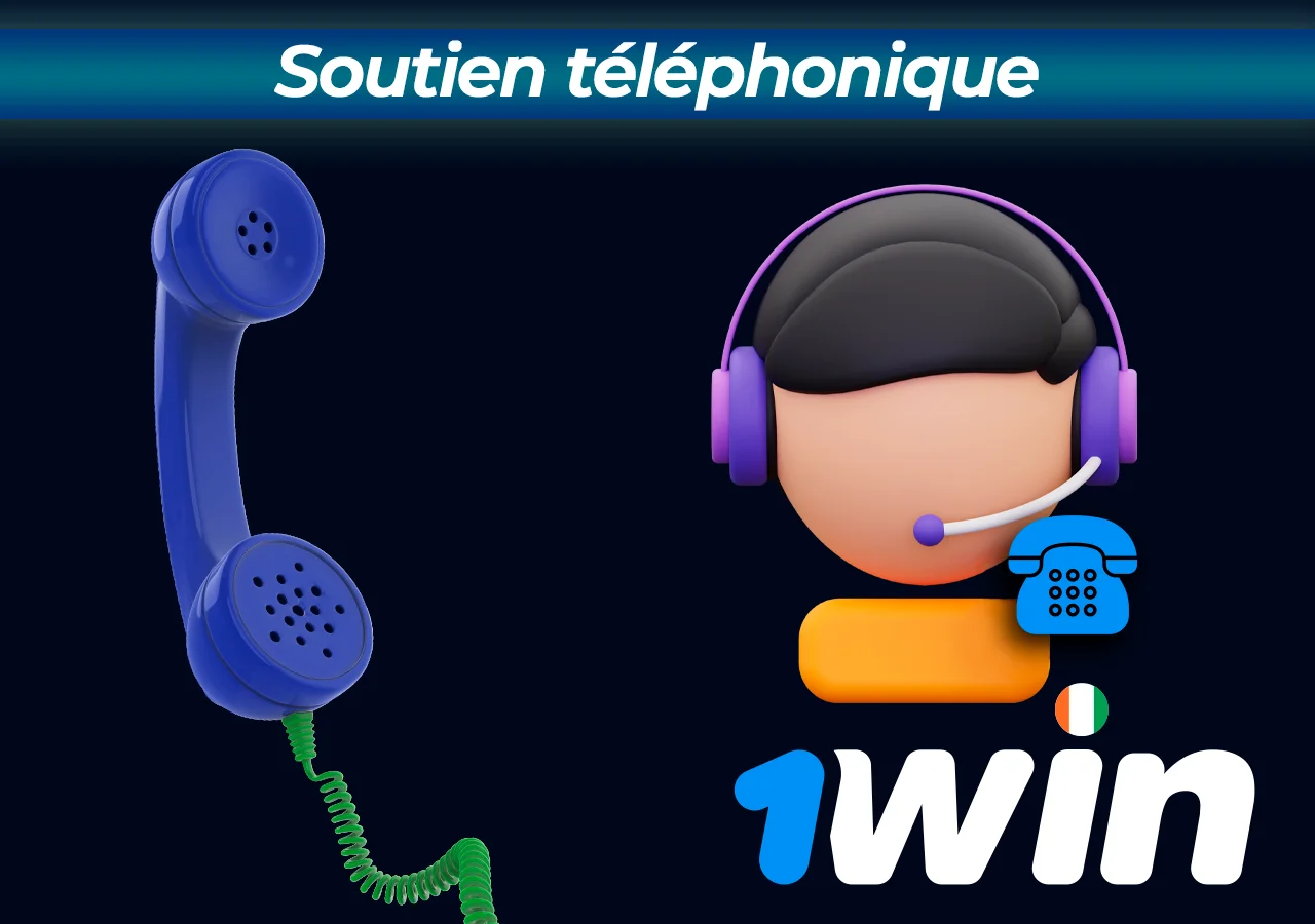 Récepteur téléphonique, homme avec des écouteurs, panneau "Soutien téléphonique" sur le dessus