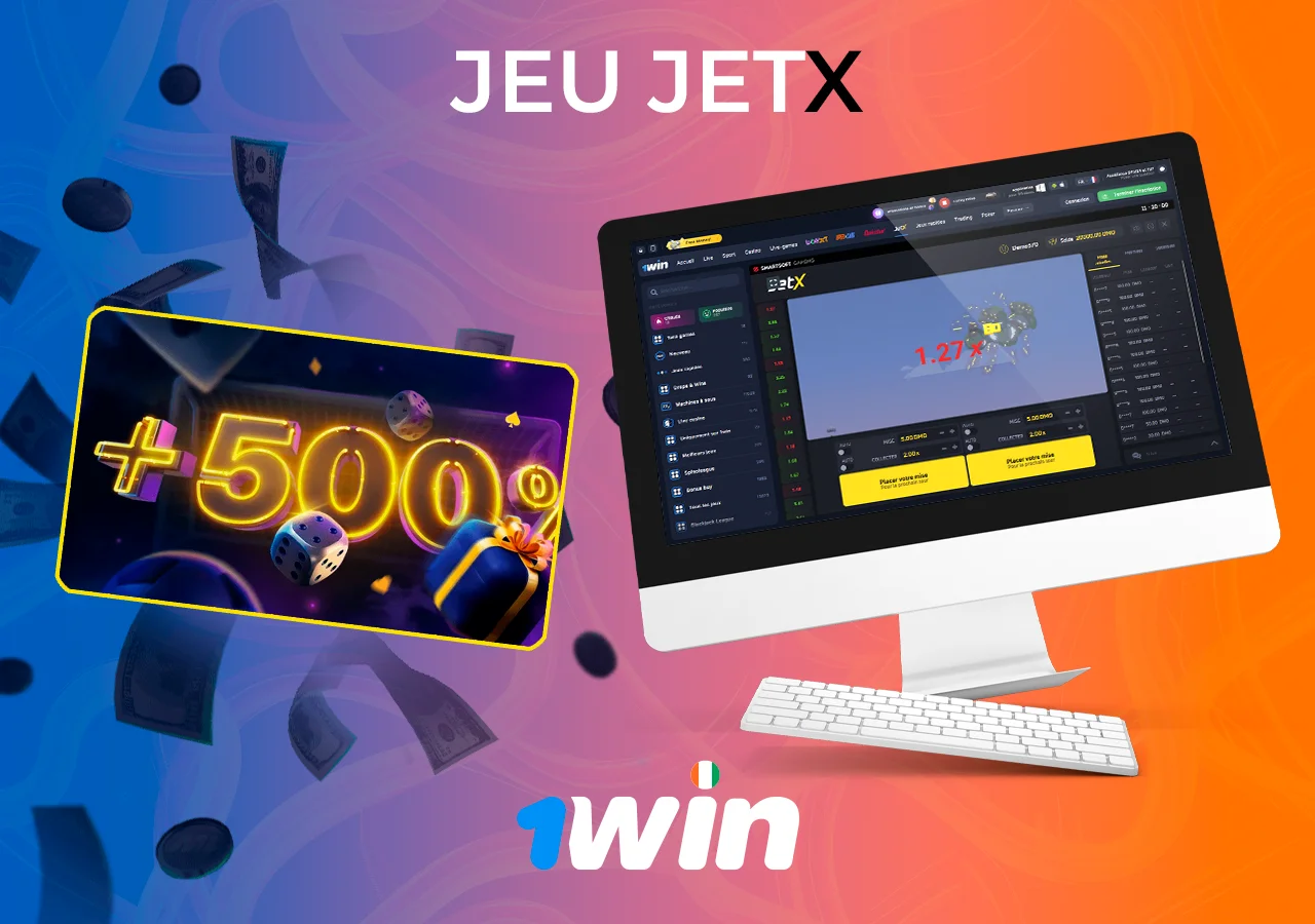 Un ordinateur avec le jeu populaire JetX sur le site de 1Win, avec une bannière de bonus de 500 % à côté.