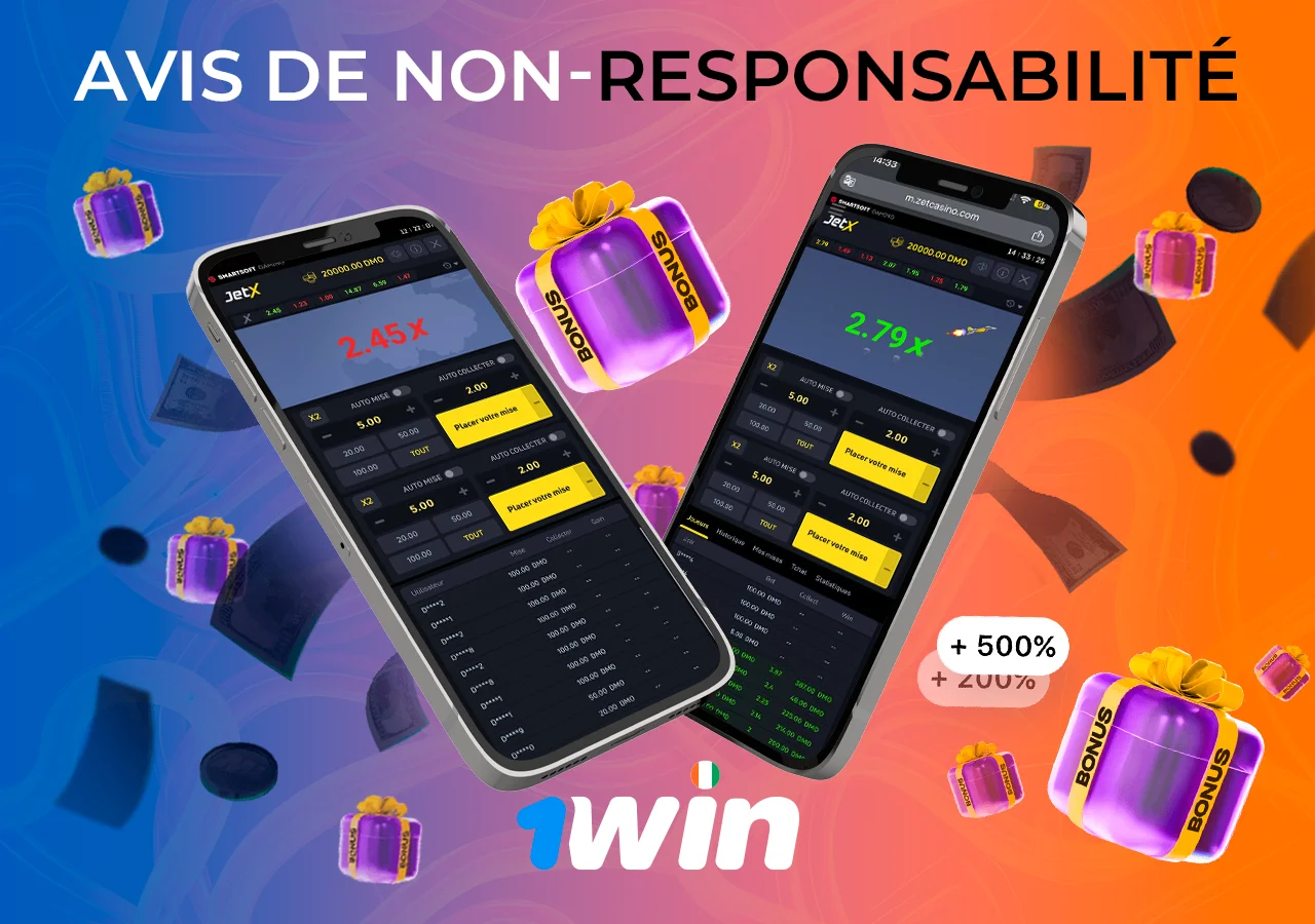 Deux smartphones avec un jeu de crash du site 1Win, beaucoup d'argent et de cadeaux volant à proximité.