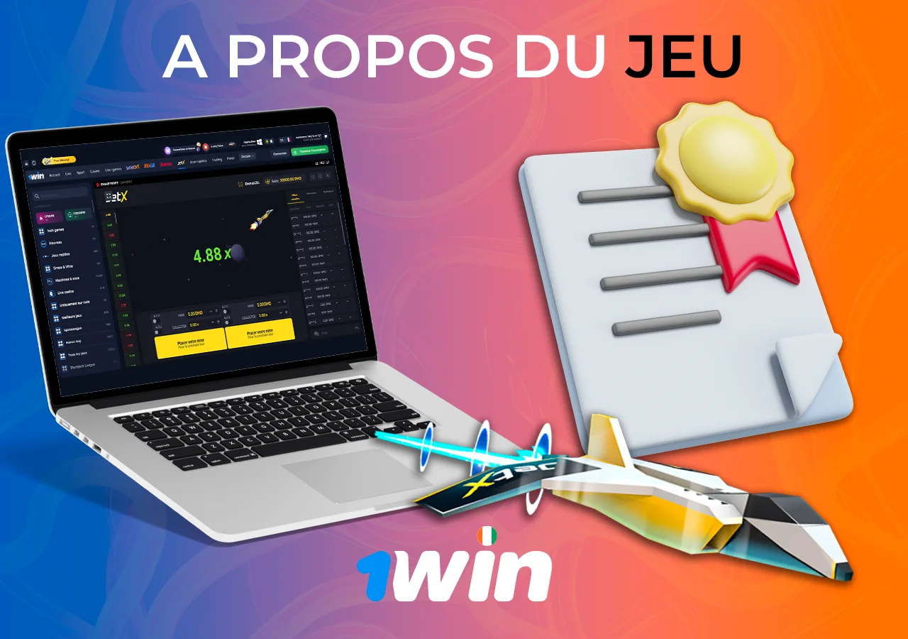 Sur l'ordinateur portable ouvert, un jeu de crash dans un casino en ligne, à côté du fichier avec du texte, l'attribut de l'avion du jeu.