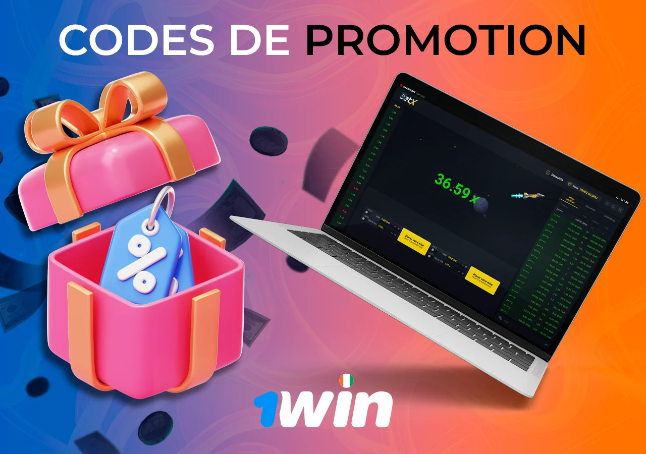 Ordinateur portable avec jeu ouvert du site 1Win, à côté du baron avec coupon, sur fond d'argent