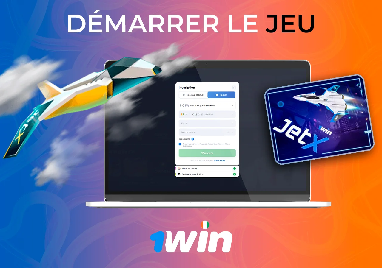 Sur l'appareil en plein écran, ouvrir le formulaire d'inscription sur le site, à côté de la couverture de JetX, l'avion dans les nuages.