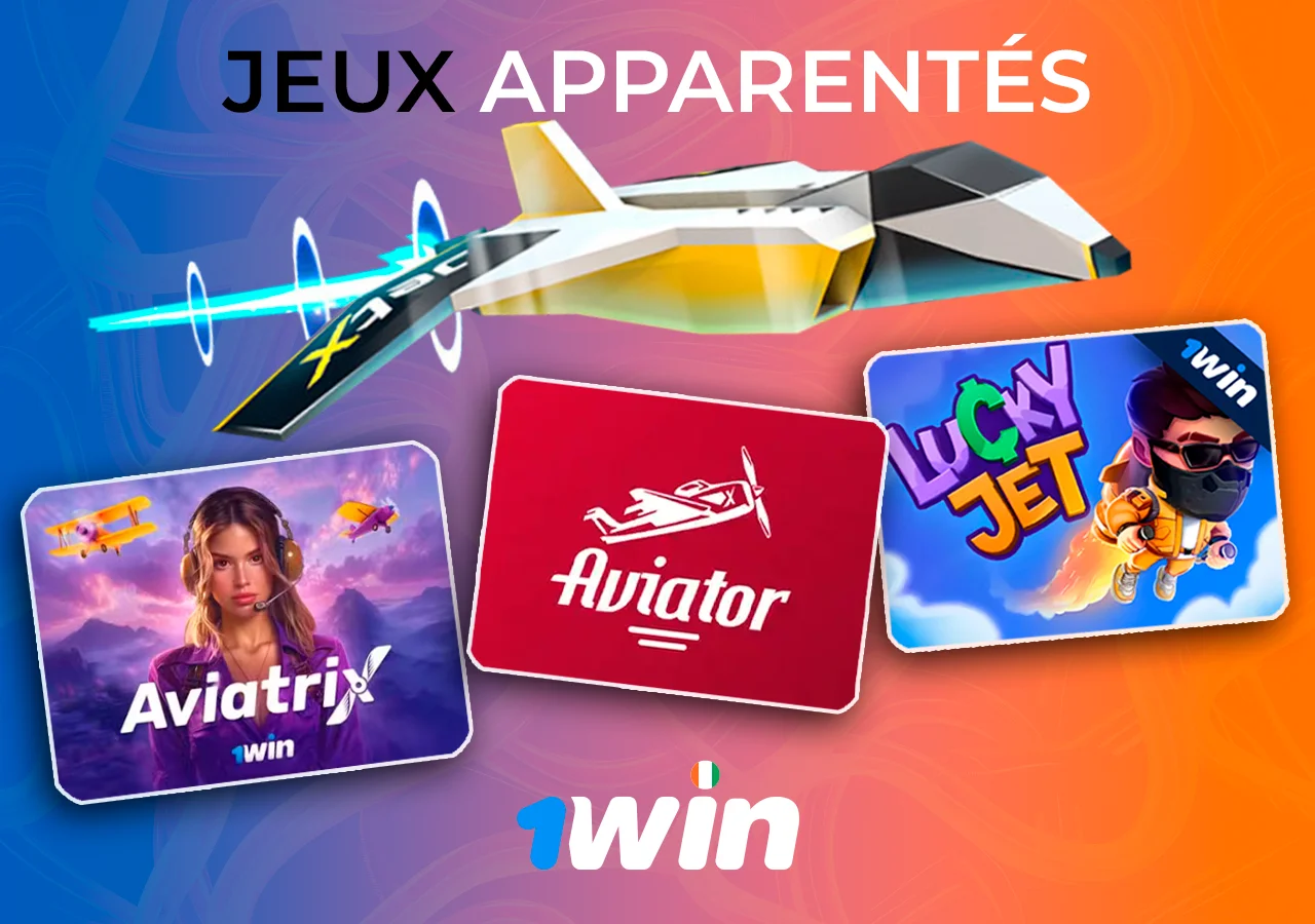 Trois jeux populaires similaires - Aviator, Lucky Jet, Aviatrix, avec un gros avion au-dessus.