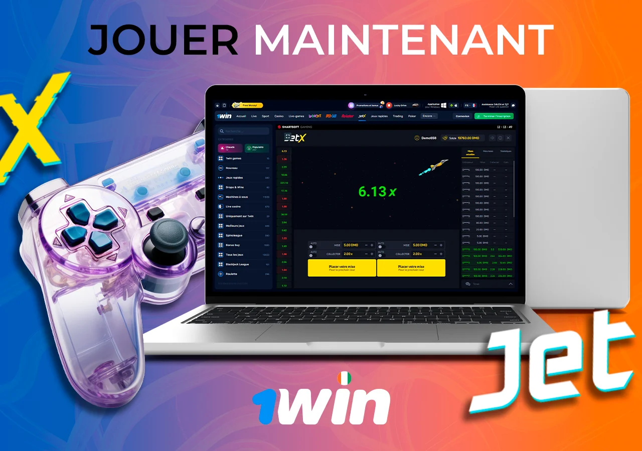 Deux ordinateurs portables, au premier plan un casino en ligne ouvert, à côté d'une manette de jeu et de l'inscription "JetX".